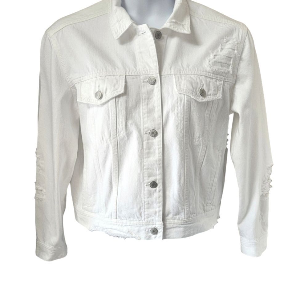 AMERICAN EAGLE White Ripped, Distressed, Cropped Denim Jacket Size Large - Picture 2 of 16